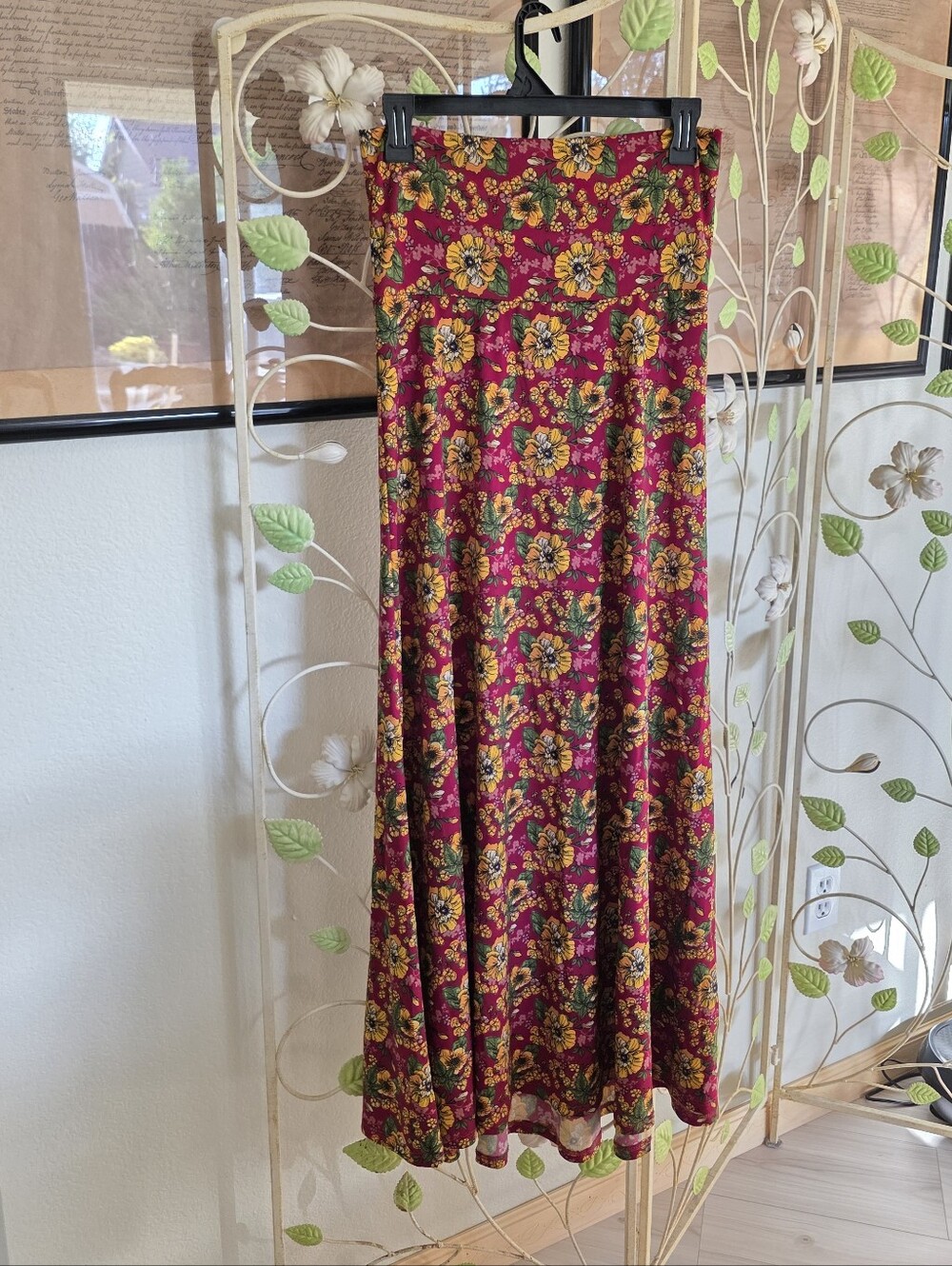 Floral Maxi Skirt in Burgundy and Yellow - Women's Skirt Maxi